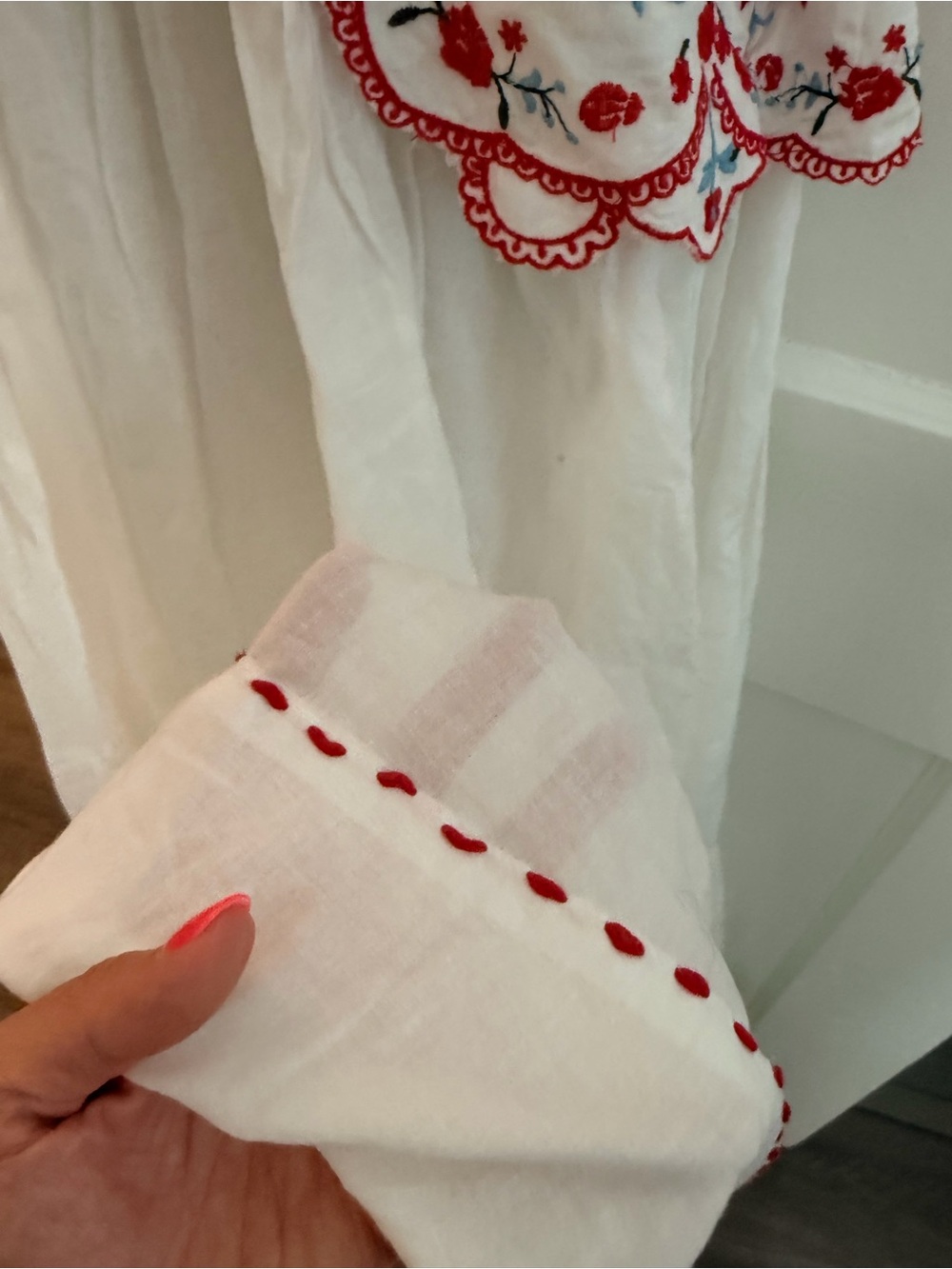 NWT retails 249, Free People White Midi Dress with Red Embroidered Bodice - Picture 8 of 14
